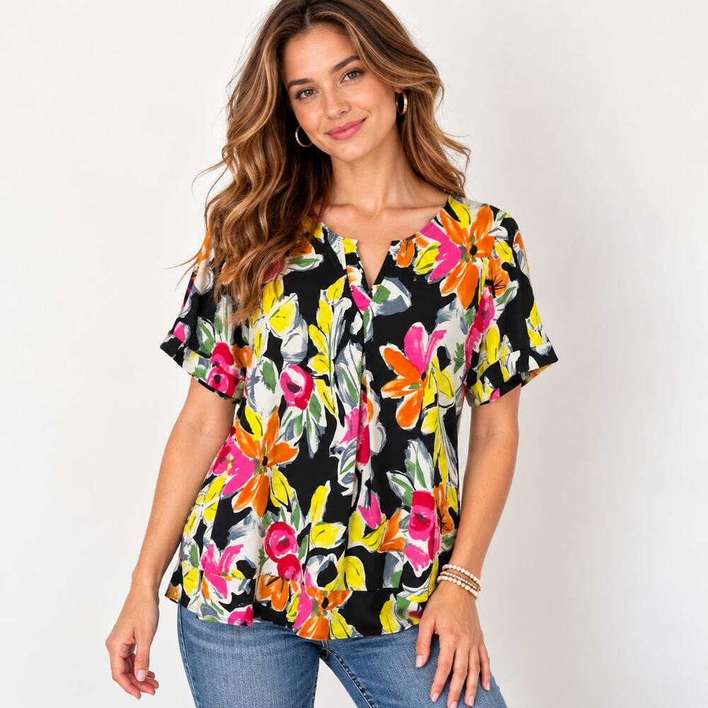 Susan Graver Liquid Knit Blouse Women's Size L Black Floral Tropical Office Boho